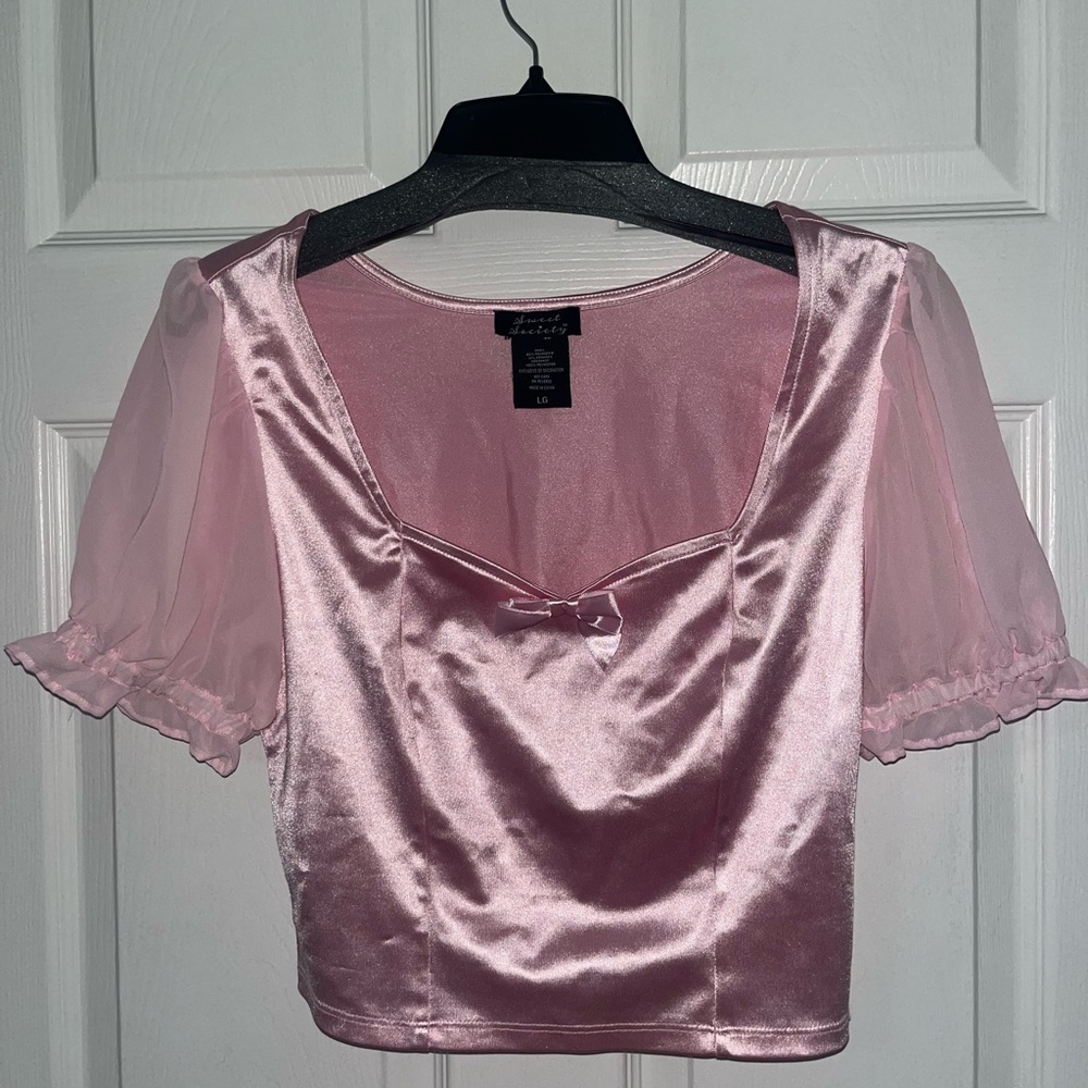 Satin Puff-Sleeve Crop Top - Pink